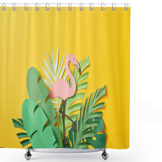 Personality  Top View Of Paper Cut Green Palm Leaves And Pink Flamingo On Yellow Background With Copy Space Shower Curtains
