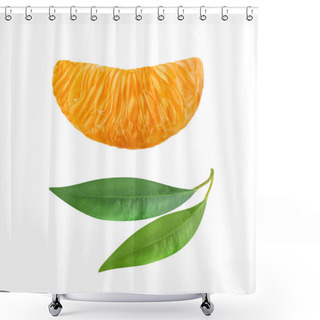 Personality  One Slice Of A Ripe Tangerine And Two Green Leaf Citrus Isolated On White Background. Shower Curtains