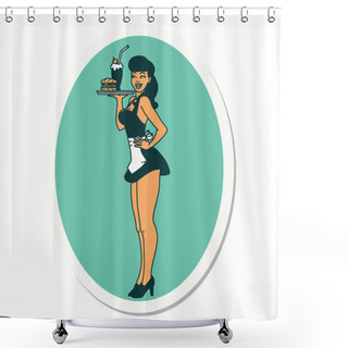 Personality  Sticker Of Tattoo In Traditional Style Of A Pinup Waitress Girl Shower Curtains