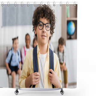 Personality  Selective Focus Of Muslim Schoolboy With Backpack Looking At Camera In Classroom  Shower Curtains