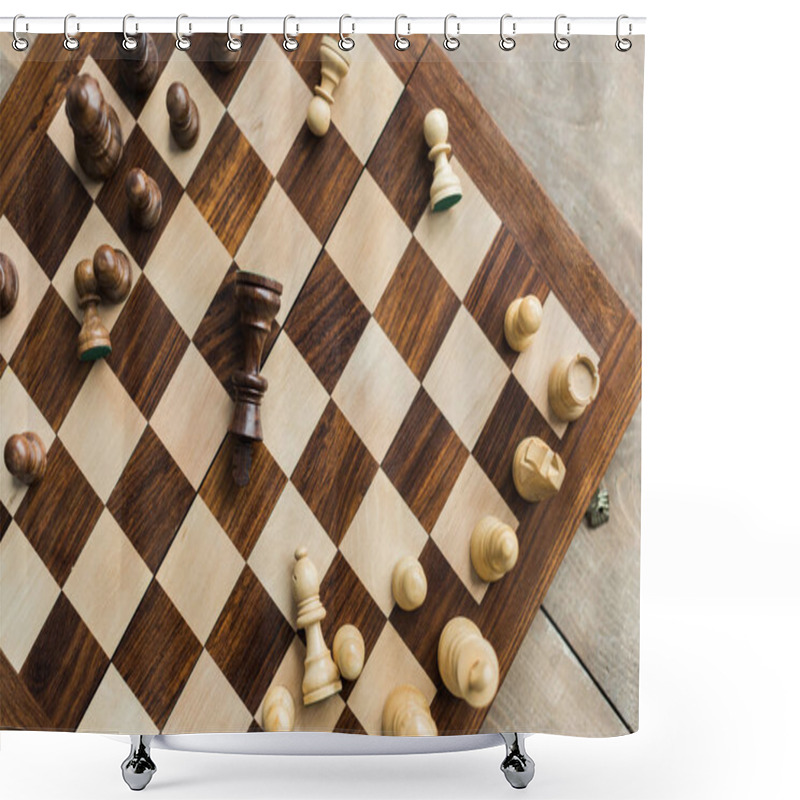 Personality  Chess board with scattered chess figures on wooden surface shower curtains
