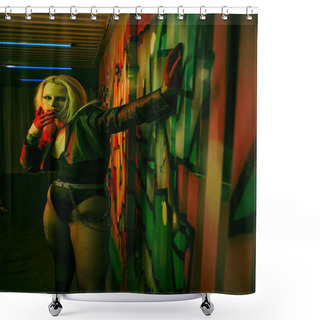 Personality  A Woman Standing Next To A Wall Covered In Graffiti Art Shower Curtains