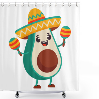 Personality  Cute Mexican Avocado In A Sombrero And With Maracas On A White Background Shower Curtains