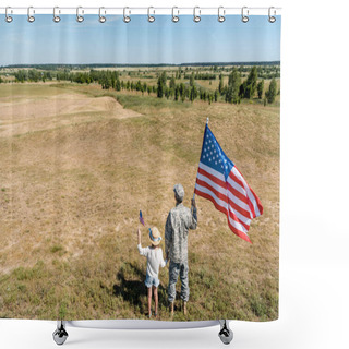 Personality  Back View Of Military Father And Patriotic Kid Holding American Flags  Shower Curtains