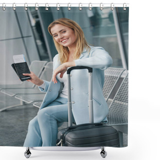 Personality  Happy Air Traveler Demonstrating Her Boarding Ticket Shower Curtains