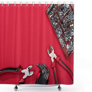 Personality  Top View Of Tool Box With Pliers And Hex Keys On Red Surface Shower Curtains
