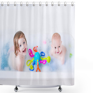 Personality  Two Little Kids Playing In A Bath Tub With Toys Shower Curtains