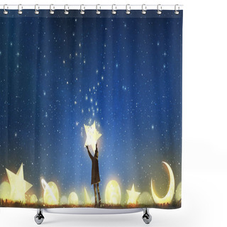 Personality  Beautiful Scenery Showing The Young Boy Standing Among Glowing Planets And Holding The Star Up In The Night Sky, Digital Art Style, Illustration Painting Shower Curtains