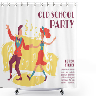 Personality  Old School Party Banner Flat Vector Template. Rock N Roll Retro Style Disco, 70s Dances. Brochure, Poster Concept Design With Cartoon Characters. Horizontal Flyer, Leaflet With Place For Text Shower Curtains