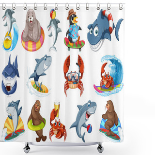 Personality  Set Of Various Sea Animals Cartoon Characters Illustration Shower Curtains
