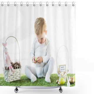 Personality  Adorable Child Sitting Near Straw Baskets With Easter Eggs, Decorative Rabbits And Happy Easter Card Isolated On White Shower Curtains