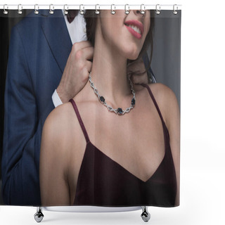 Personality  Man In Tuxedo Putting Necklace On Girlfriend Shower Curtains
