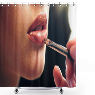 Personality  Cropped View Of Makeup Artist Applying Lip Gloss On Lips Of Model Shower Curtains