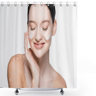 Personality  Smiling Young Beautiful Woman With Vitiligo And Facial Cream On Cheeks Isolated On White Shower Curtains