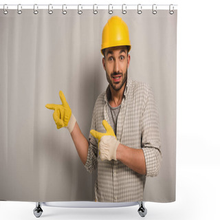 Personality  Surprised Workman In Helmet And Safety Gloves Pointing On Grey  Shower Curtains