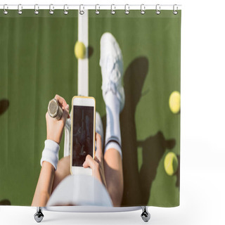 Personality  Overhead View Of Female Tennis Player With Racket Taking Picture Of Herself On Tennis Court Shower Curtains