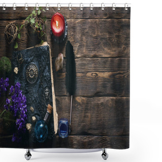 Personality  Spell Book, Magic Potions And Other Various Witchcraft Accessories On The Wizard Table Background With Copy Space. Shower Curtains