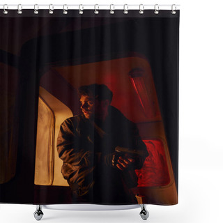 Personality  Concentrated Man With Gun Looking At Camera In Subway Carriage In Post-disaster Subway In Red Light Shower Curtains