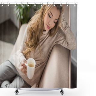 Personality  Beautiful Young Woman In Warm Sweater Drinking Coffee On Cozy Couch Shower Curtains