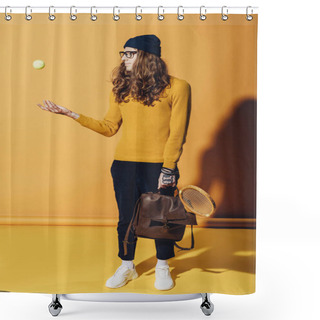 Personality  Fashionable Man With Leather Backpack And Wooden Racket Throwing Up Tennis Ball, On Yellow Shower Curtains