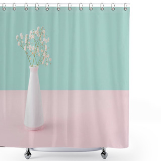 Personality  Vase With White Tender Flowers On Pink And Turquoise With Copy Space Shower Curtains