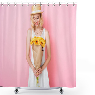 Personality  Young Woman In Straw Hat Looking At Flowers On Pink  Shower Curtains