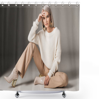 Personality  Attractive Fashionable Woman Posing In White Trendy Sweater, Beige Pants And Autumn Heels, On Grey  Shower Curtains