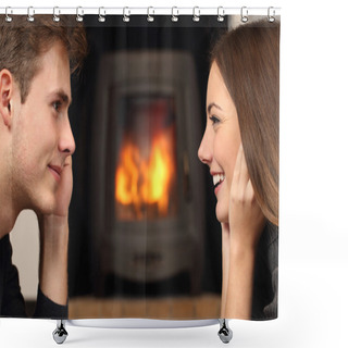 Personality  Couple Looking Each Other In Front A Fireplace Shower Curtains