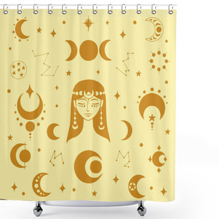 Personality  Collection Of Moon Mystical And Mysterious Illustrations In Hand Drawn Style. Perfect For Tattoo, Textile, Cards, Mystery,  Logo Emblems And Product Packaging. Shower Curtains