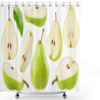 Personality  Isolated Cut Green Pear Fruits. Collection Of Green Pear Pieces Of Different Shapes Isolated On White Background Shower Curtains