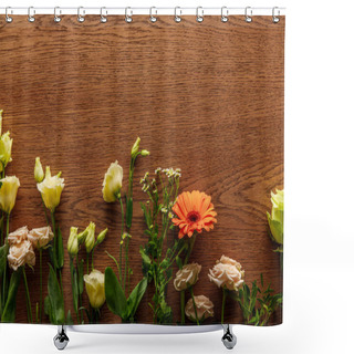 Personality  Top View Of Blooming Colorful Spring Flowers On Wooden Background Shower Curtains