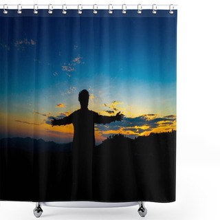 Personality  Silhouette Happy Man Standing On Hill At The Sunset On Mountain With Blue  Sky. Enjoying Peaceful Moment Concept.Relaxing Or Achievement Concept. Shower Curtains