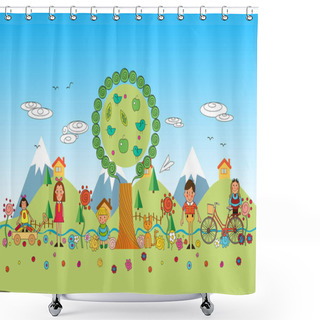 Personality  Kids Playing In The Park Vector Cartoon Illustration Shower Curtains