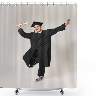 Personality  Cheerful Student In Graduate Outfit Happy To Have Completed His Studies Against Grey Background Shower Curtains