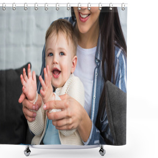 Personality  Partial View Of Smiling Mother Playing With Little Baby At Home Shower Curtains