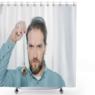 Personality  Serious Bearded Hypnotist Holding Dowsing And Looking At Camera  Shower Curtains