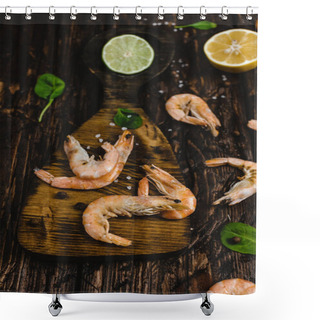 Personality  Close-up View Of Delicious Shrimp With Citrus Fruits On Rustic Wooden Table   Shower Curtains