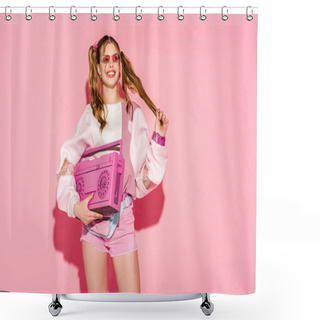 Personality  Happy Stylish Girl In Sunglasses Holding Boombox And Touching Hair On Pink Shower Curtains