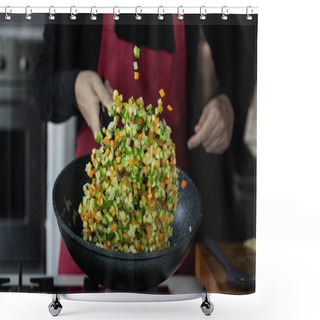 Personality  Chef Cook Roasts Vegetables With Seafood In Wok Pan On Gas Stove. Flying Vegetable Food Levitation In Motion, Skillfully Tossed By The Chef Hand. Airborne Creative Culinary Expertise. Shower Curtains