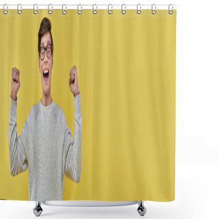Personality  Cheerful Young Man  In White Sweatshirt And Glasses Raising Fists Up And Closing Eyes, Banner Shower Curtains
