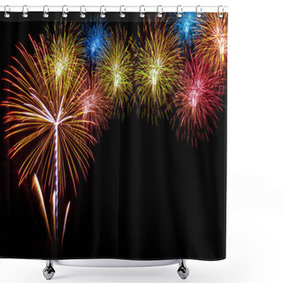 Personality  Fireworks On The Black Sky Background With Reflection On Water At Suanluang RAMA IX  THAILAND Shower Curtains