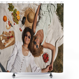Personality  Carefree African American Girlfriends Laying On Blanket, Fruits, Vegetables, Top View, Summer Picnic Shower Curtains