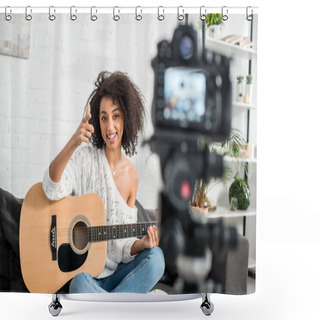 Personality  Selective Focus Of Cheerful African American Girl In Braces Holding Acoustic Guitar And Pointing With Finger At Digital Camera  Shower Curtains