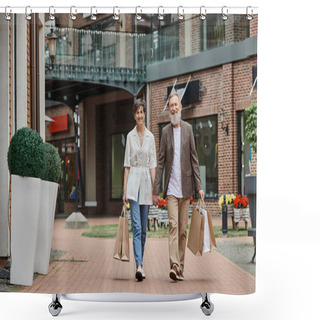 Personality  Happy Elderly Couple Having Shopping, Senior Man And Woman Holding Hands And Walking On Street Shower Curtains