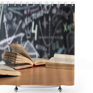 Personality  Open Books Lie On A Desk Or Table Against A Chalk-painted Chalkboard Wall Shower Curtains