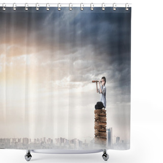 Personality  Kid On Pile Of Books Looking In Spyglass Shower Curtains