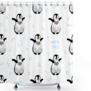 Personality  Little Baby Hugging Penguin With Doodle Tribal Elements On White Background Seamless Pattern, Editable Vector Illustration For Kids Fabric, Textile, Paper, Decoration Shower Curtains