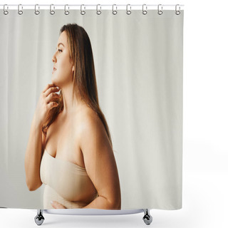Personality  Woman With Plus Size Body Touching Her Chin And Looking Away While Posing In Beige Strapless Top In Studio Isolated On Grey Background, Body Positive, Self-love   Shower Curtains