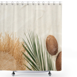 Personality  Top View Of Palm Leaf, Coconuts And Straw Hat On Sand Shower Curtains