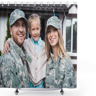 Personality  Happy Father And Mother In Military Uniforms Lifting Daughter And Looking At Camera On Blurred Background Shower Curtains